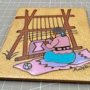 Southwestern Ceramic Tile Woman Weaving Rug signed Italy